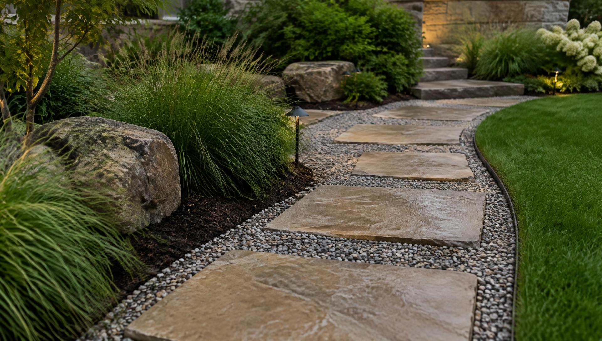Stone pavers set in gravel beside a curved lawn edge
